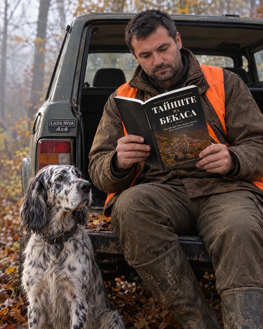 Ловец чете книгата до сетер