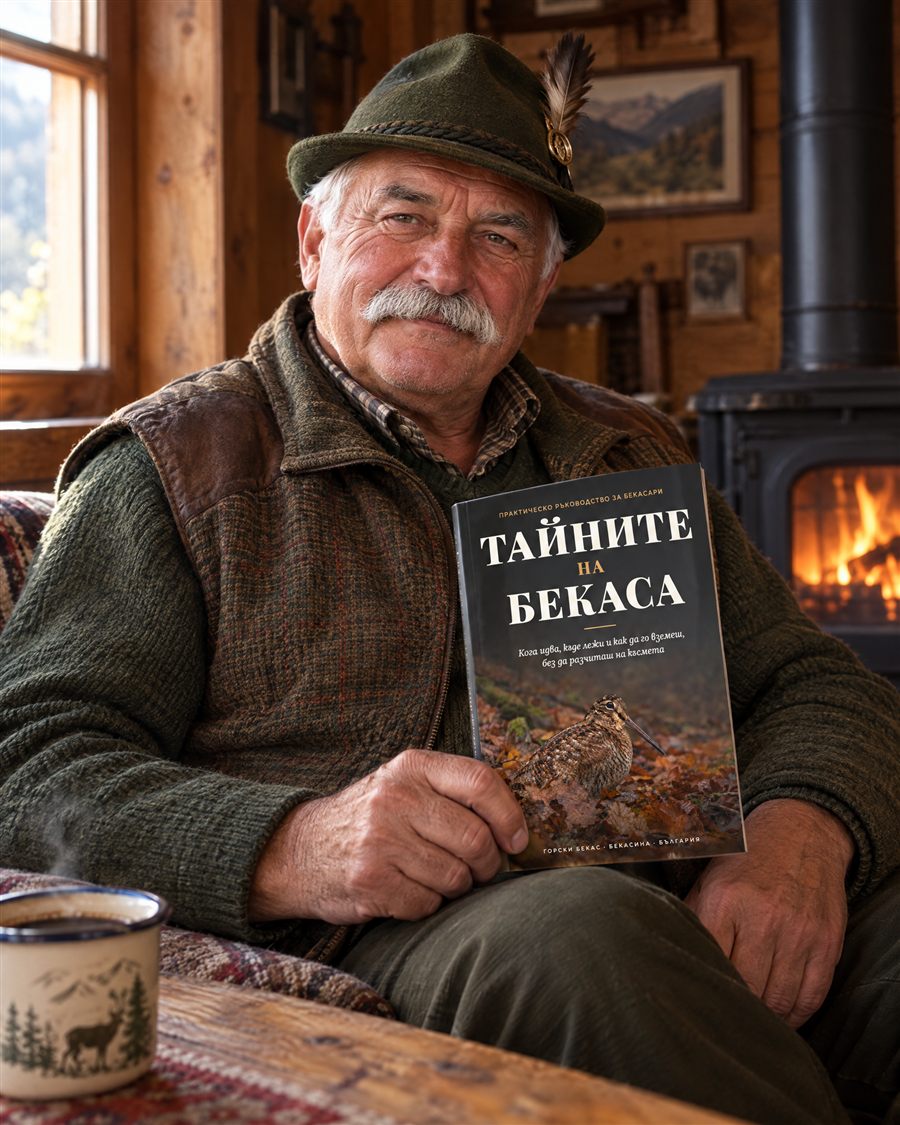 Възрастен ловец с книгата в ловна хижа