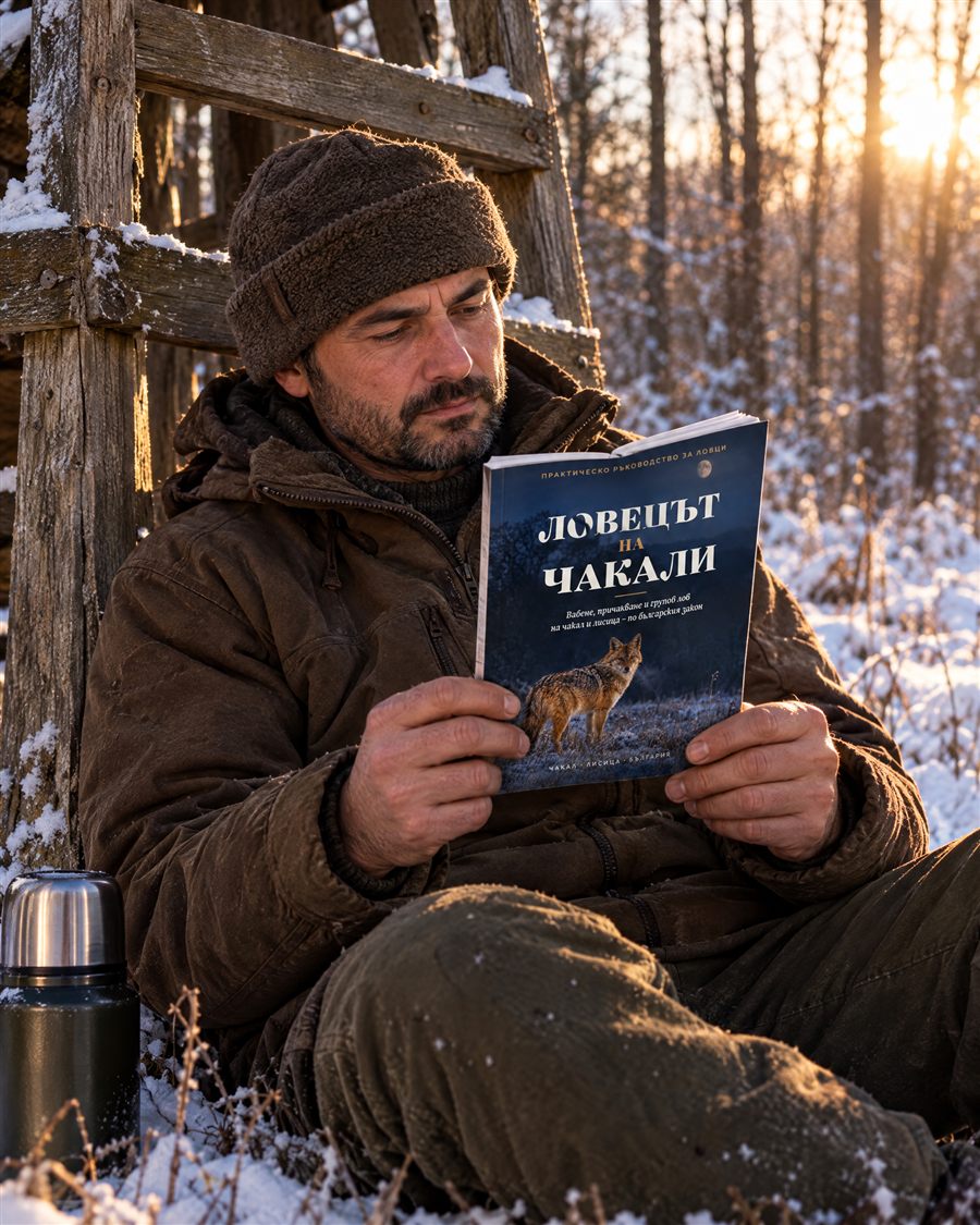 Ловец чете книгата до ловно чакало